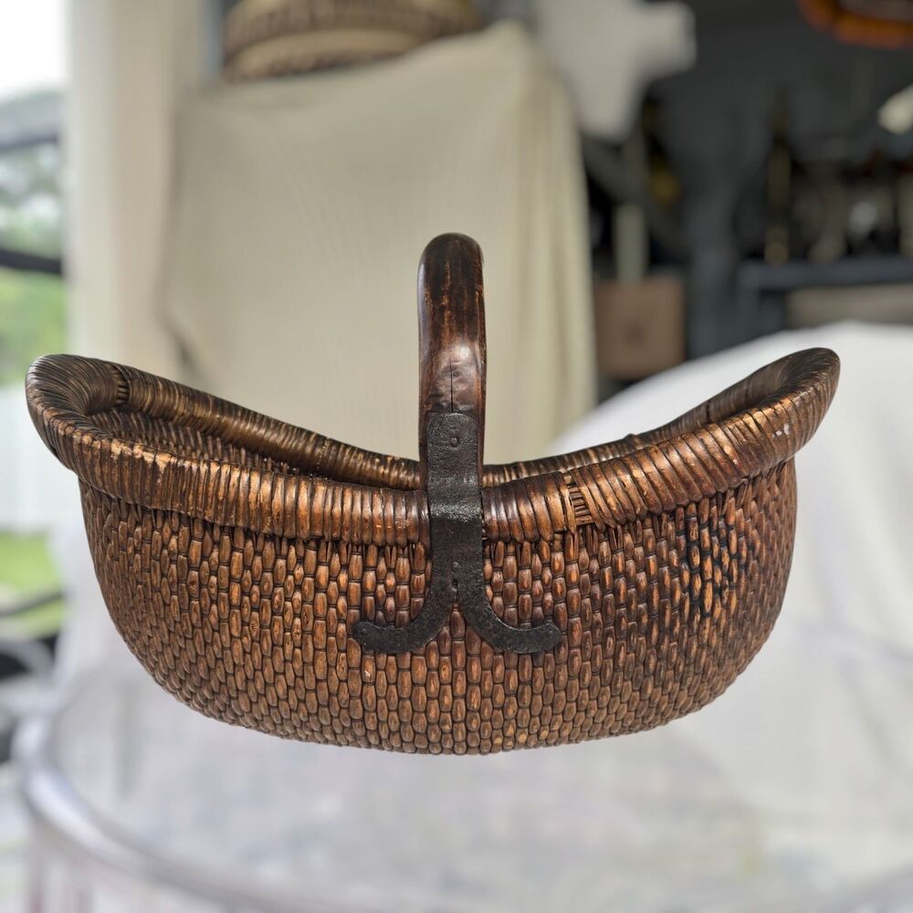 Antique Chinese Wood Handled Hand Woven Willow Gathering Basket